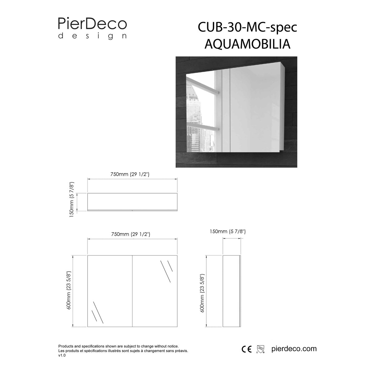 Armoire à pharmacie 30 po avec 2 portes miroirs CUB-30-MC-TK (Armoire à pharmacie de démonstration #A-O)