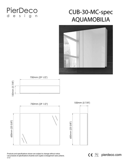 Armoire à pharmacie 30 po avec 2 portes miroirs CUB-30-MC-TK (Armoire à pharmacie de démonstration #A-O)