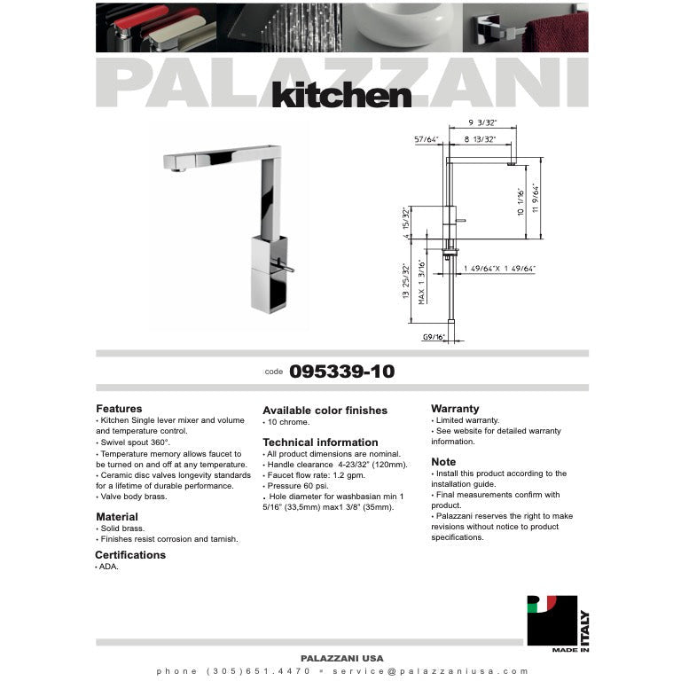 Kitchen or Bar faucet Chef Track single lever 095339 by Palazzani